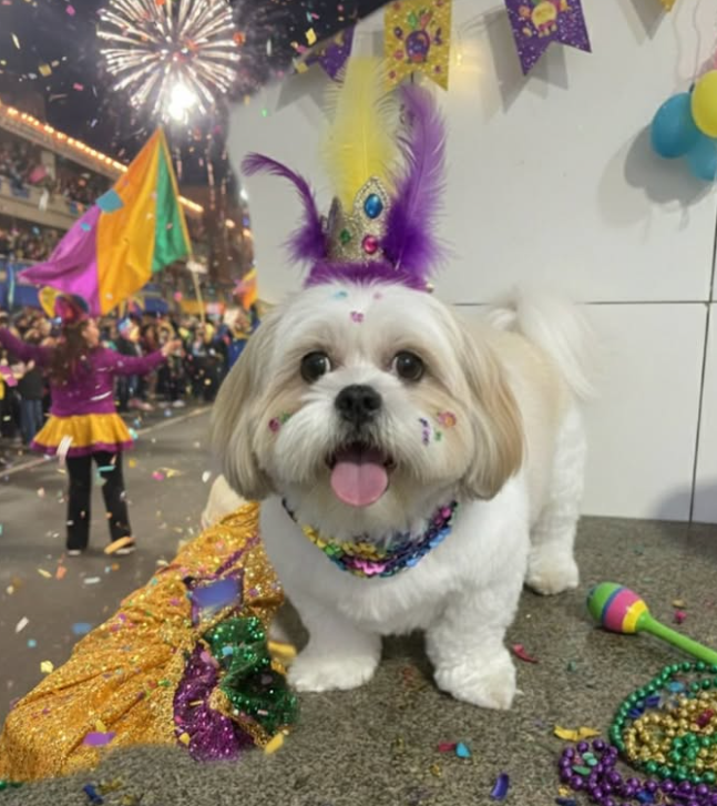 Cachorrinho do Cantinho Pet com tosa e acessórios de carnaval